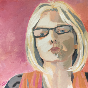 An acrylic painting of a woman that looks like she is puckering up for a kiss by Tonya Henderson in warm tones.