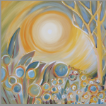 Gallery 1 - An Abstract landscape with a large golden sun and circles representing plants.