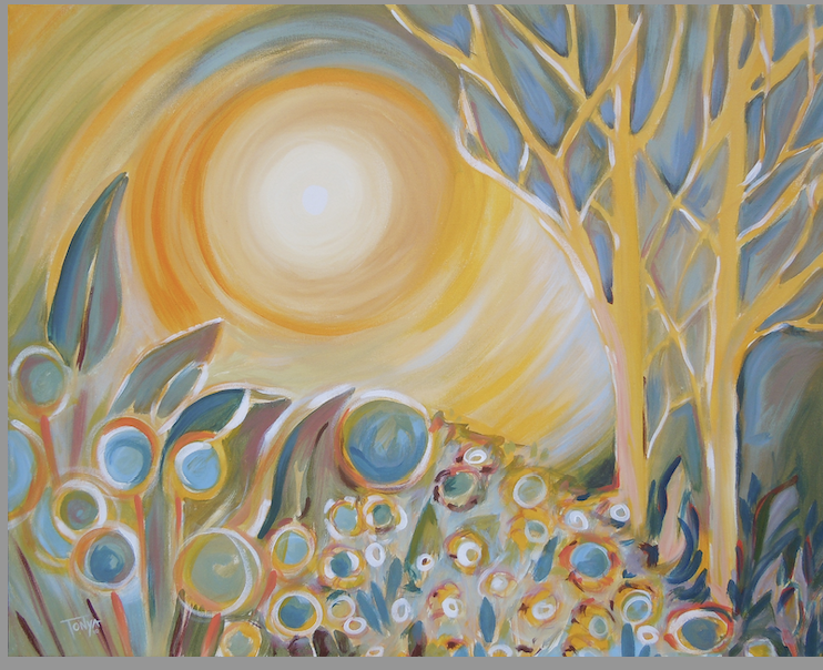 Gallery 1 - An Abstract landscape with a large golden sun and circles representing plants.