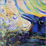 Gallery 2 - A textured acrylic painting with a crow looking at an owl. In dreamy blues and yellow.