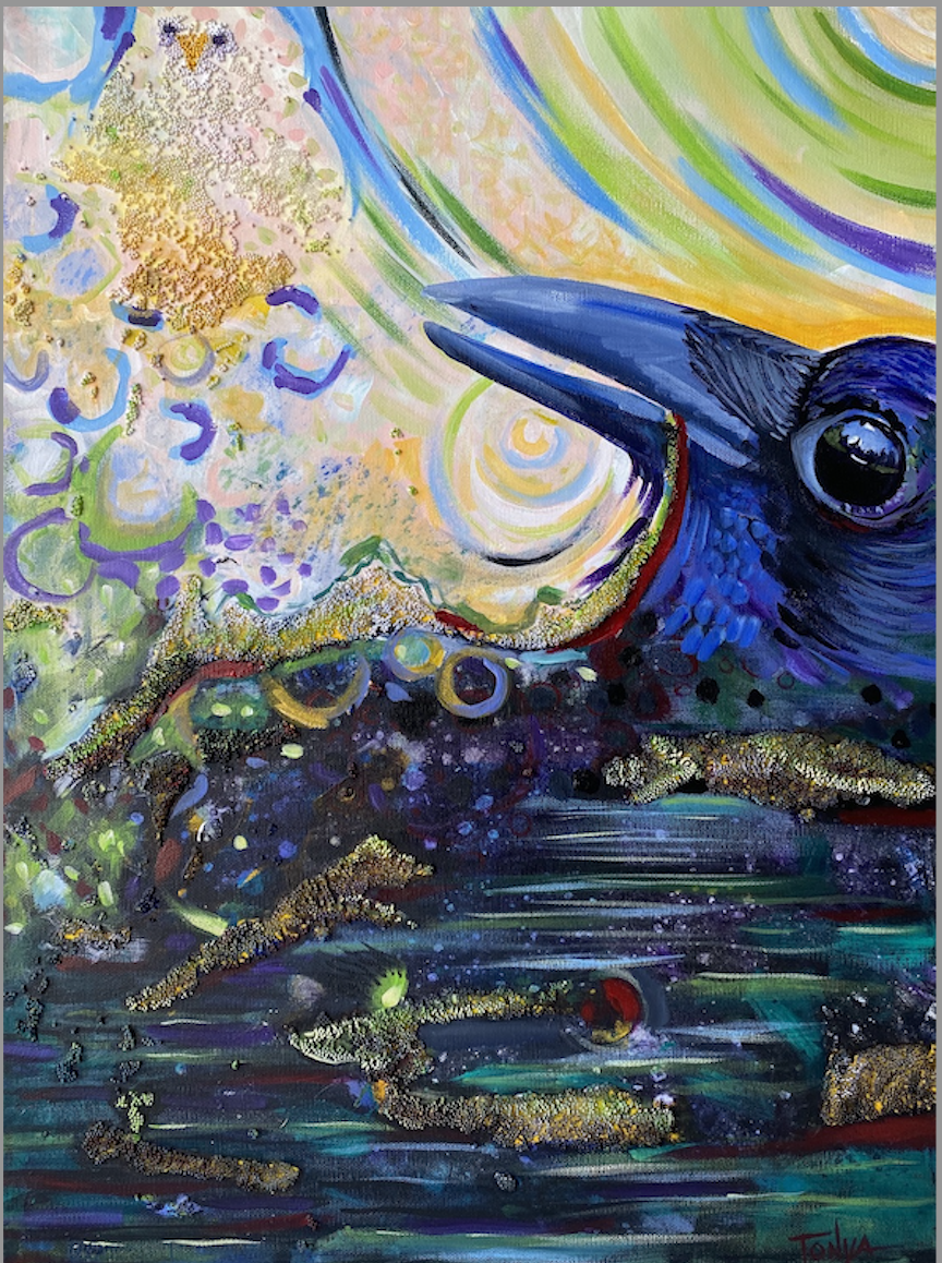 Gallery 2 - A textured acrylic painting with a crow looking at an owl. In dreamy blues and yellow.