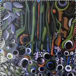 Gallery 3 - An Abstract landscape painted in acrylics uses lines, circles and rectangles to depict a rivers edge
