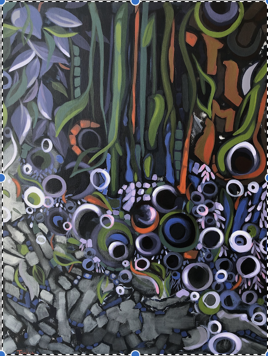 Gallery 3 - An Abstract landscape painted in acrylics uses lines, circles and rectangles to depict a rivers edge