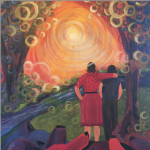 Gallery 4 - An acrylic painting with two figures watching a sunset and their rescue dogs watching them.