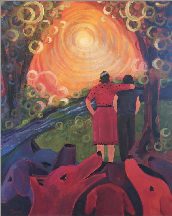Gallery 4 - An acrylic painting with two figures watching a sunset and their rescue dogs watching them.