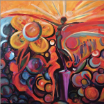 Gallery 5 - A vivid painting by artist Tonya Henderson in bright warm colors surrounding a figure on a pedestal.