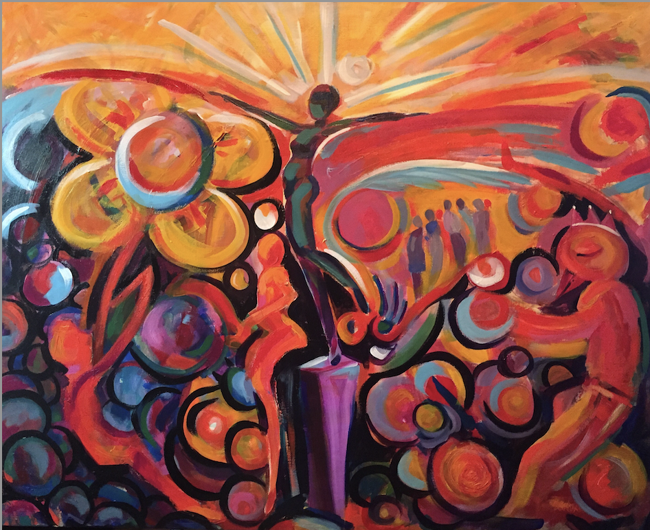 Gallery 5 - A vivid painting by artist Tonya Henderson in bright warm colors surrounding a figure on a pedestal.